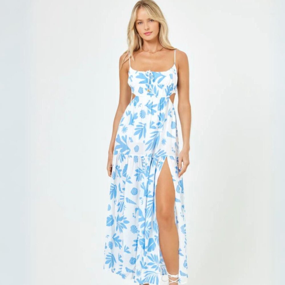 l*space White Maxi Dress with Light Blue Tropical Print